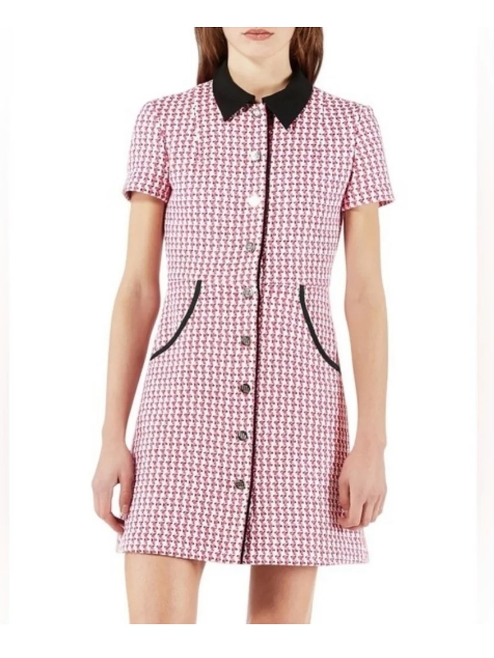 MAJE Pink Houndstooth Short Sleeve Shift Dress with Black Trim. NWT size 34 / S